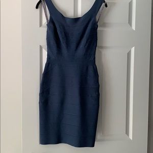 Herve Leger blue sheath dress with shoulder straps on or off the shoulder.